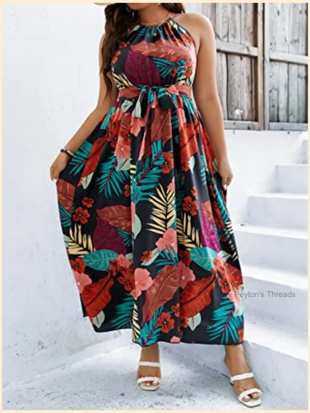 Women's Plus Size Boho Sleeveless Halter Neck Tie Back A Line Maxi Dress - Picture 5 of 5